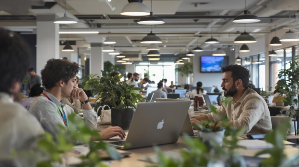 Personnes travaillant dans un bureau moderne et lumineux avec des ordinateurs portables et des plantes.