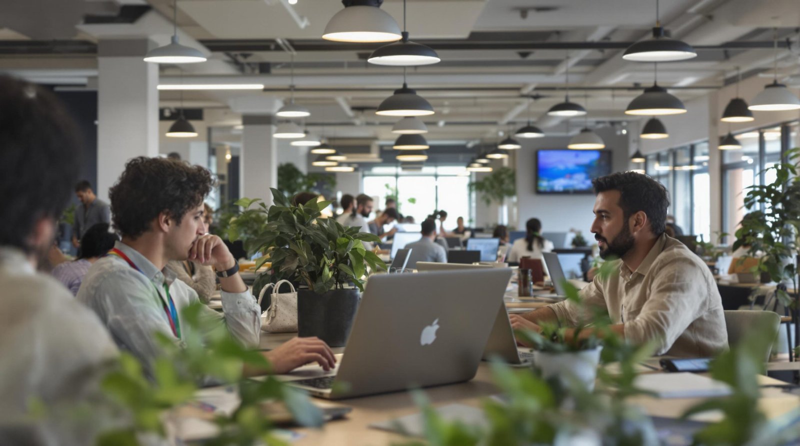 Personnes travaillant dans un bureau moderne et lumineux avec des ordinateurs portables et des plantes.